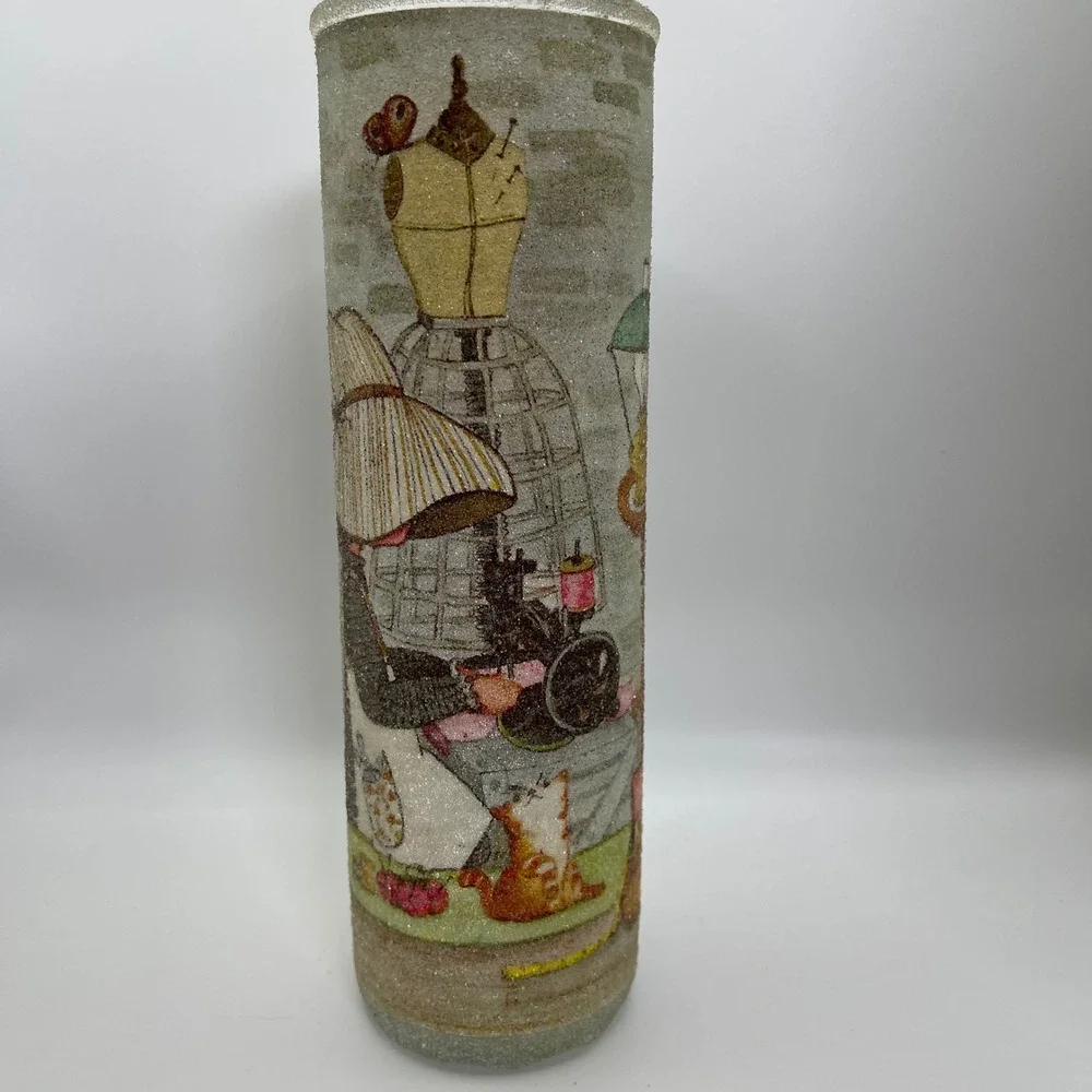 Vtg Majestic Cylinder Candle Cottagecore Sewing Girl Sugar Coated  Frosted 1970s